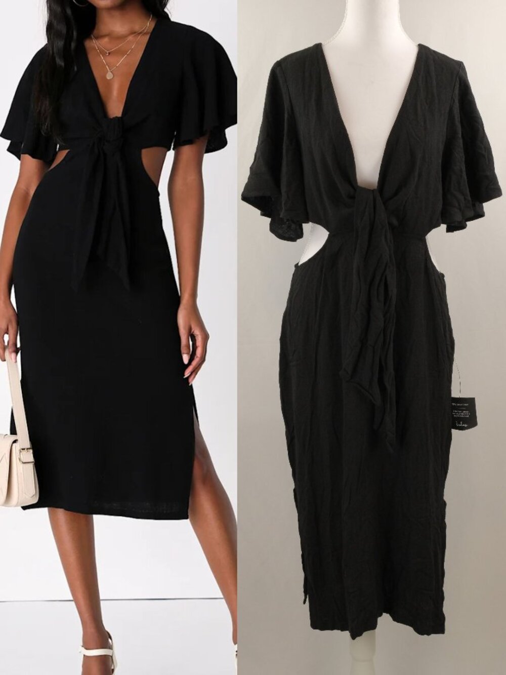 Lulu's Summer Journey Linen Ruffe Sleeve Tie-Front Cutout Midi Dress, Black XL